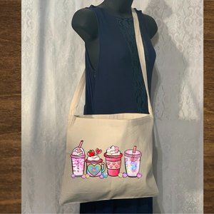 Valentines Sweet Drinks Cotton Canvas Messenger Tote Bag with Long Strap